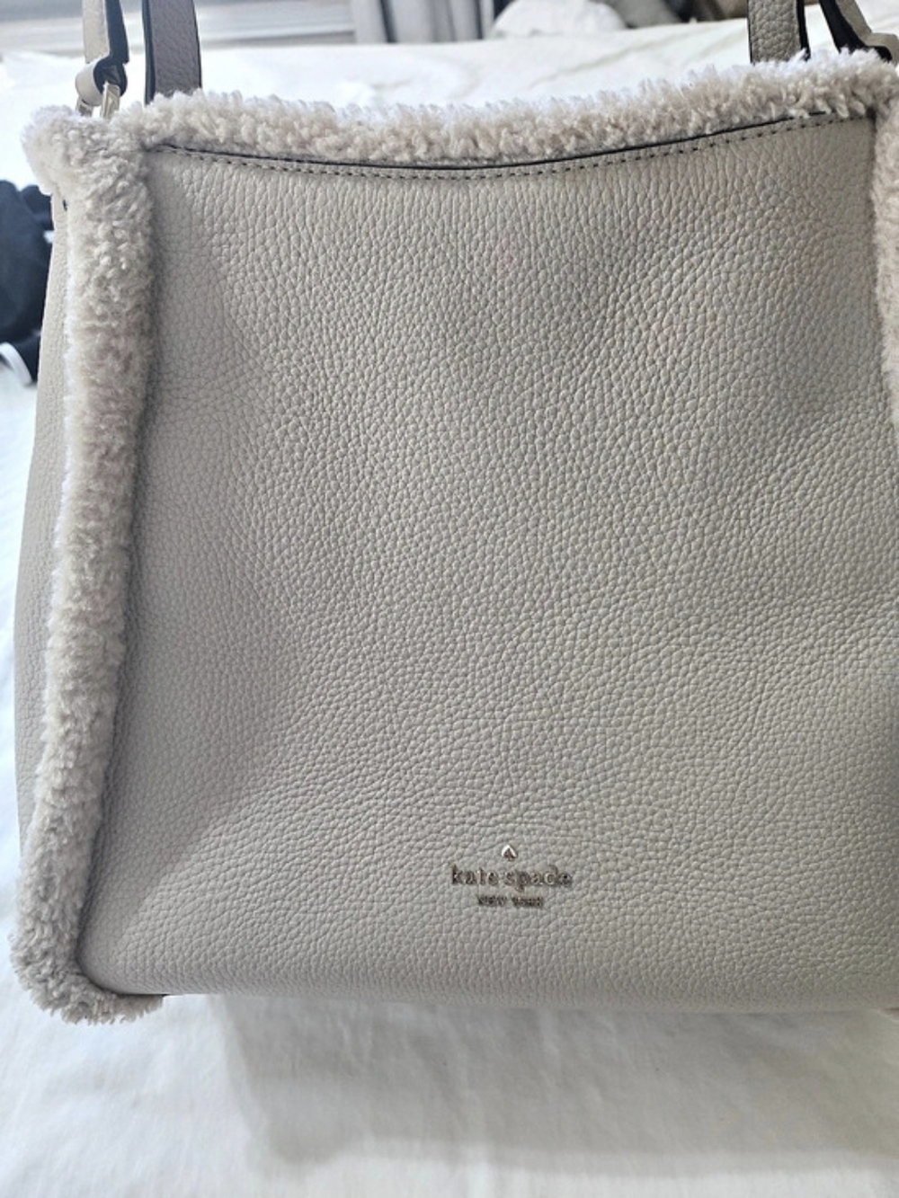 Kate Spade Shearling Trim Shoulder Bag in Beige